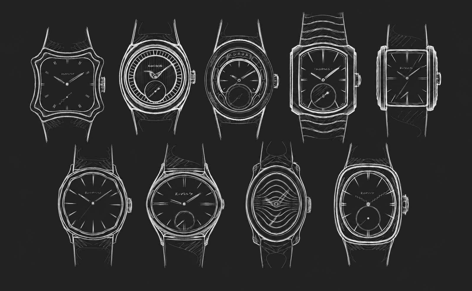Chalk-style sketches of nine Kobus watch case and dial concepts